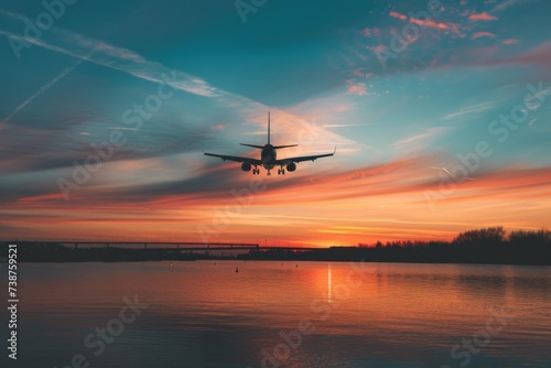 As the fiery sun sets over the tranquil lake, a majestic airplane soars through the sky, a symbol of modern transportation and the beauty of aviation