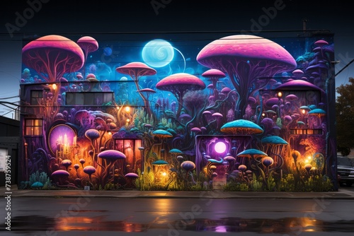 a mural of mushrooms on the side of a building at night