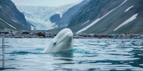 Beluga whale in the water on the seashore   concept of Marine mammal