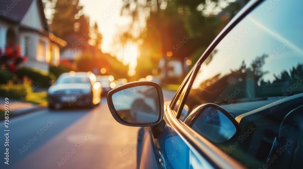 The vibrant sunset sky casts a warm glow on the sleek car mirror, reflecting the endless road ahead and reminding us of the ever-changing journey of life