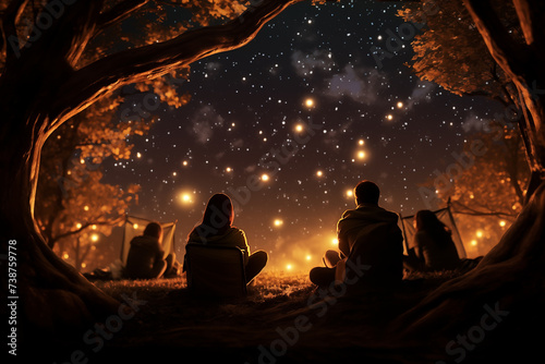 Young people in warm glow of campfire under canopy of stars. Generative AI