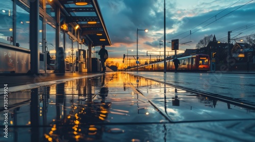 As the city awakens, the person on the wet sidewalk reflects on the beauty of the sunrise, the dancing clouds in the sky, and the shimmering reflections of the buildings and bridge on the glistening  © ChaoticMind