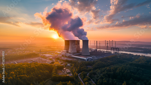 Aerial View of a Nuclear Plant with Smoking Chimneys, Industrial Landscape with Pollution Emission, Environmental Concerns Concept, Generative AI

 photo