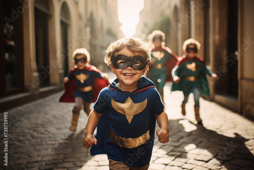 a boy wearing a superhero costume and playing with his friends