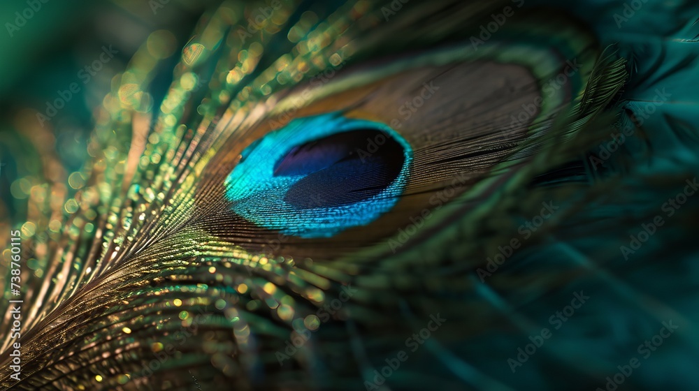 Fototapeta premium Close-Up View of Vibrant and Colorful Peacock Feather, Showcasing Detailed Texture and Iridescent Colors