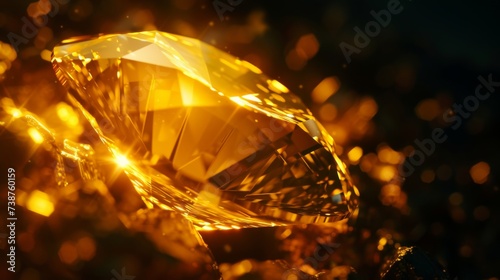 Luxurious dark diamond in yellow tones. Closeup of precious transparent crystal. Brilliant diamond facets