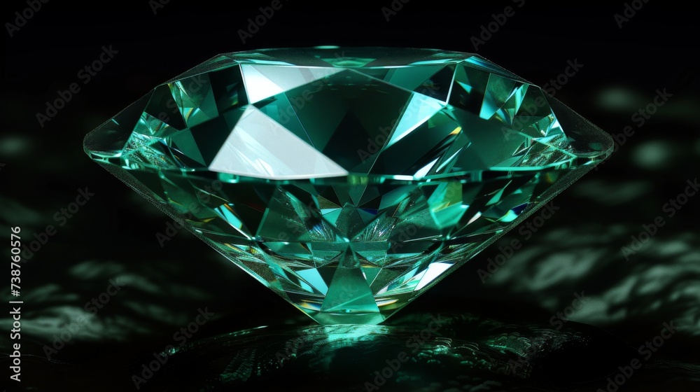 Luxurious dark diamond in green tones. Closeup of precious transparent crystal. Brilliant diamond facets Luxurious dark diamond in green tones. Closeup of precious transparent crystal. Brilliant diamond facets