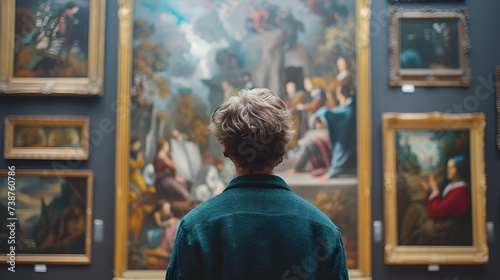 Back of an Adult Person Looking at Renaissance Style Painting in Art Gallery, Cultural Exploration and Appreciation, Generative AI