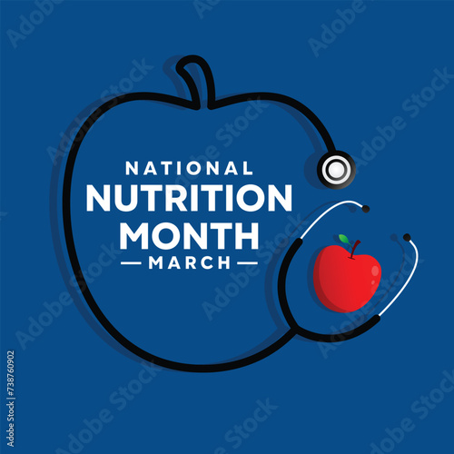 National Nutrition Month. Apple-shaped stestoscope and apple. cards, banners, posters, social media and more. Blue background.