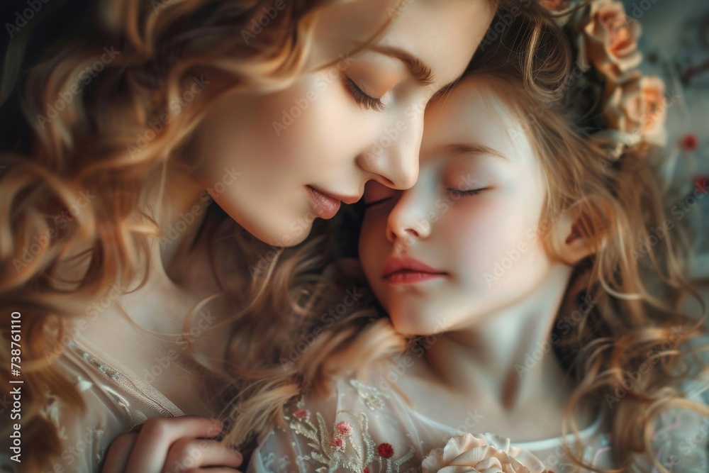 A mother tenderly kisses her daughter's cheek, their brown hair and delicate features entwined in a portrait of love and affection A mother tenderly kisses her daughter's cheek, their brown hair and delicate features entwined in a portrait of love and affection