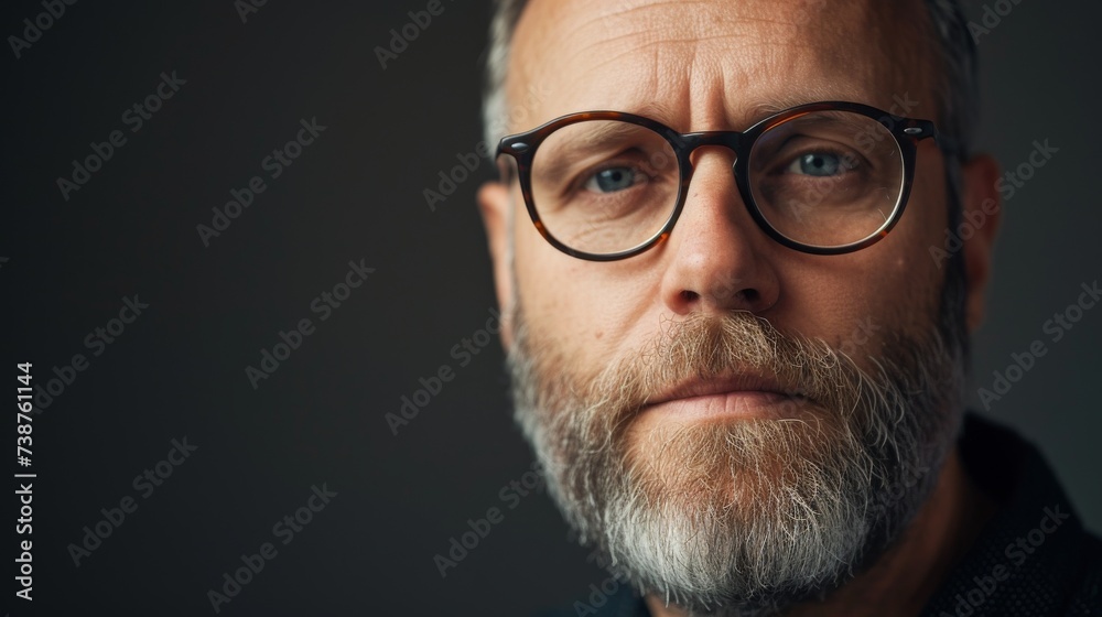 A mature man with glasses and a well-groomed beard gazes thoughtfully at the camera, his distinguished facial features highlighted by the warm indoor lighting and the textured wall behind him A mature man with glasses and a well-groomed beard gazes thoughtfully at the camera, his distinguished facial features highlighted by the warm indoor lighting and the textured wall behind him