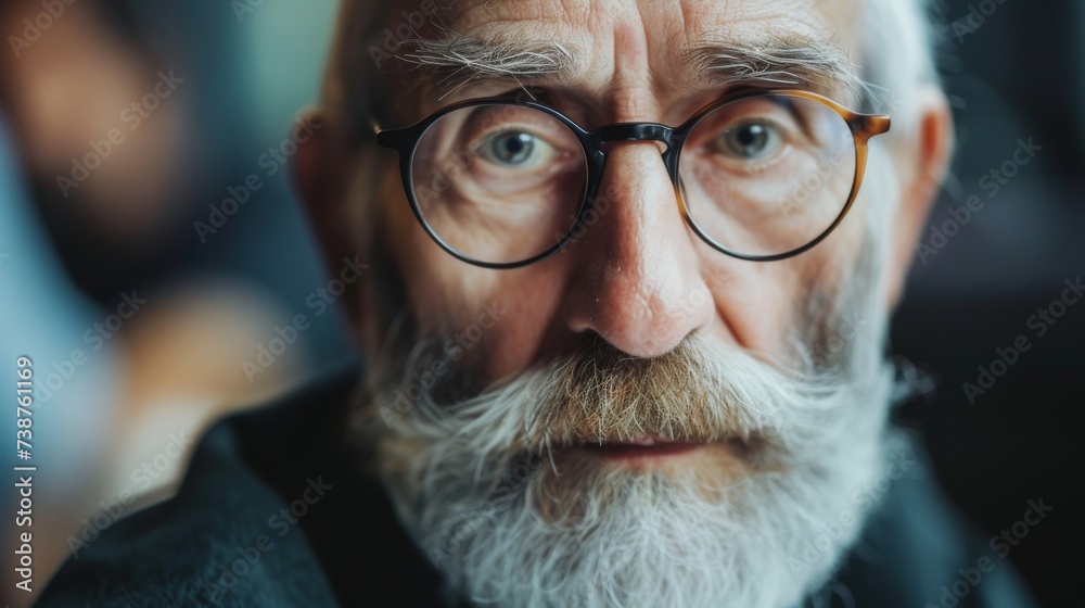 A wise and experienced senior citizen with a kind face and distinguished features, wearing glasses and sporting a well-groomed beard, gazes thoughtfully into the distance, his furrowed brow and defin A wise and experienced senior citizen with a kind face and distinguished features, wearing glasses and sporting a well-groomed beard, gazes thoughtfully into the distance, his furrowed brow and defin
