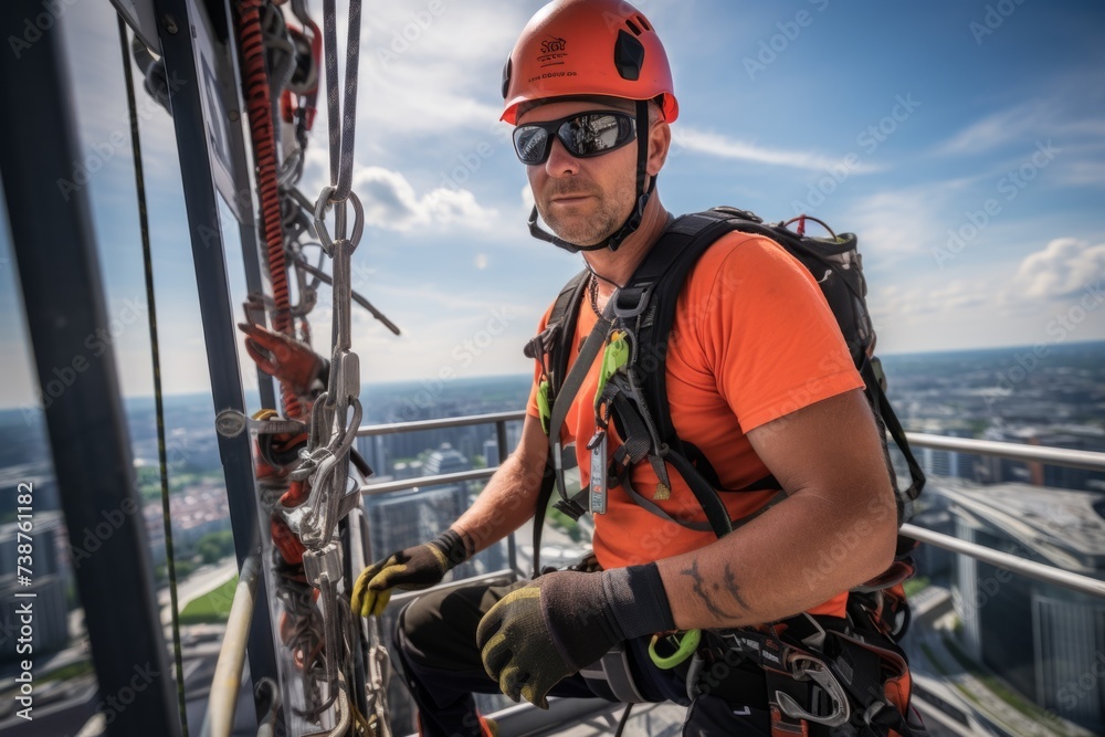 Skilled climber worker cleans window skyscraper windows cleaning professional service dangerous job high altitude safety wash wet glass maintenance washing pressure spray exterior safe equipment hangs