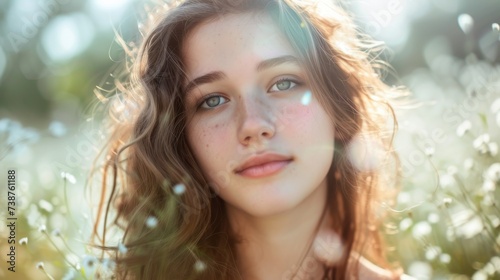 A striking portrait of a girl with long, flowing hair and delicate freckles, captured in a beautiful outdoor photo shoot that highlights her natural beauty and showcases the intricate details of her 