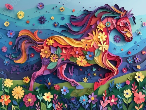Centaur in mid gallop across a flowery meadow a vibrant and detailed paper cut masterpiece full of motion and life