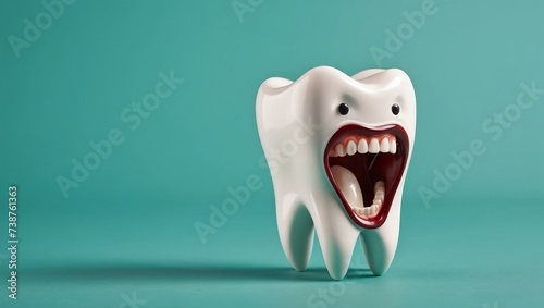a tooth with a mouth shouting. solid color blue background