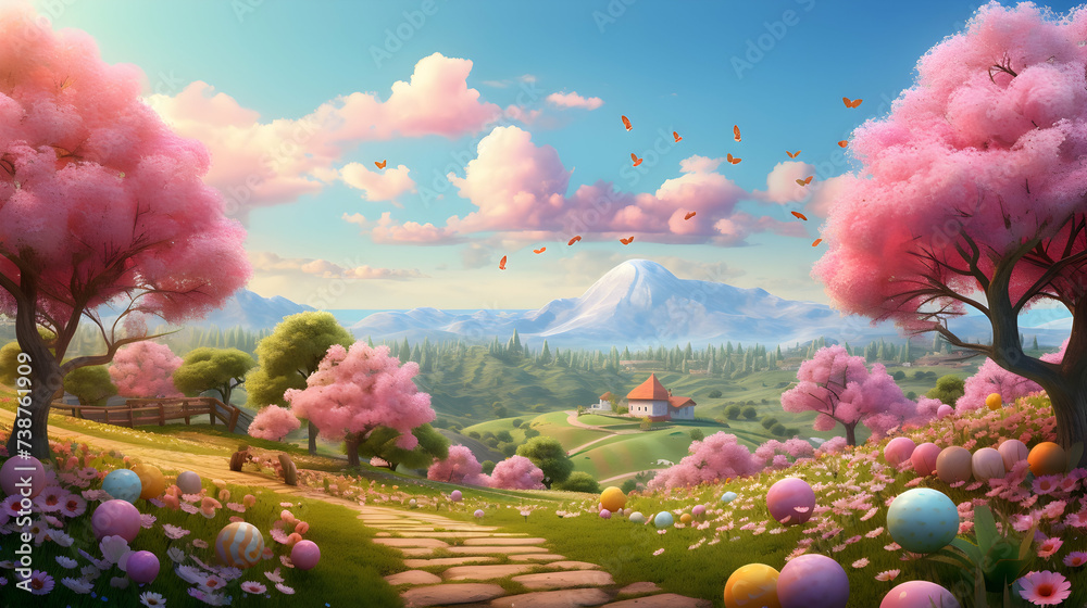 A serene countryside landscape dotted with vibrant Easter eggs and a framed message of joy and renewal against a backdrop of blooming cherry blossoms.