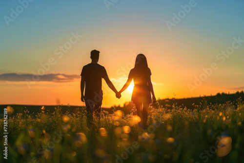 Couple holding hands in a green field at sunset © Kien