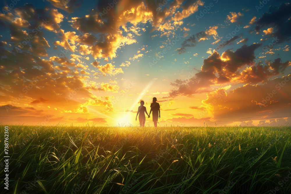 Couple holding hands in a green field at sunset