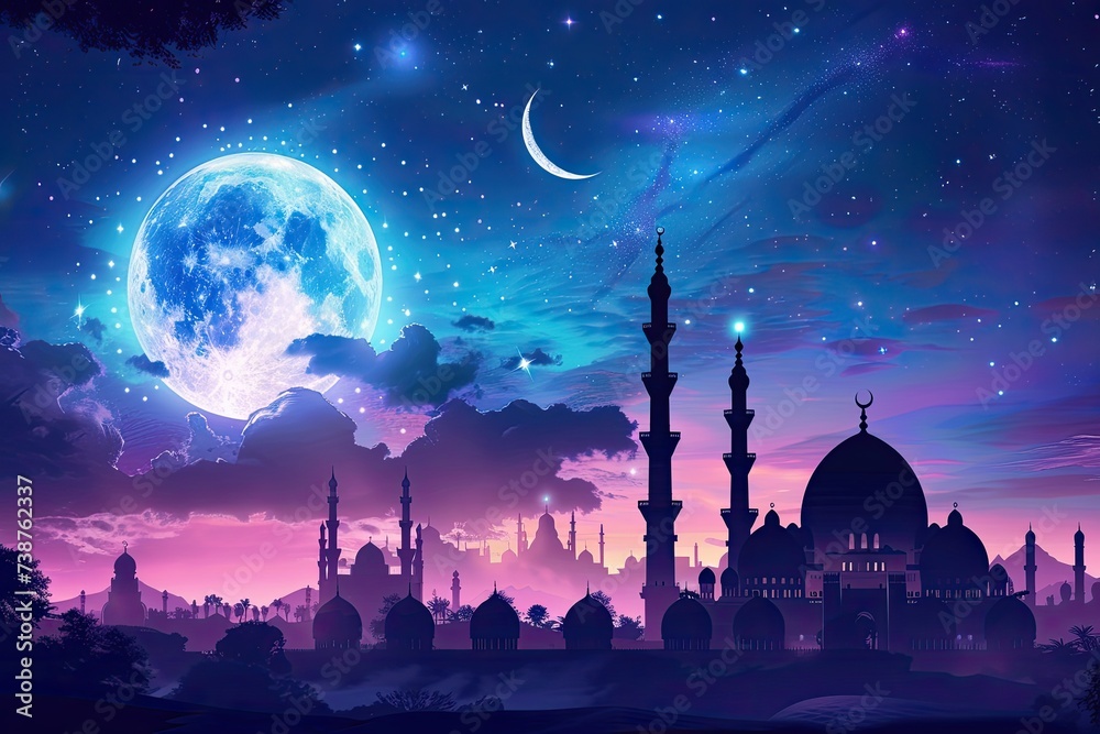 Sunset Sky Mosque: Panoramic Islamic Night. This image is very suitable for your creative works.