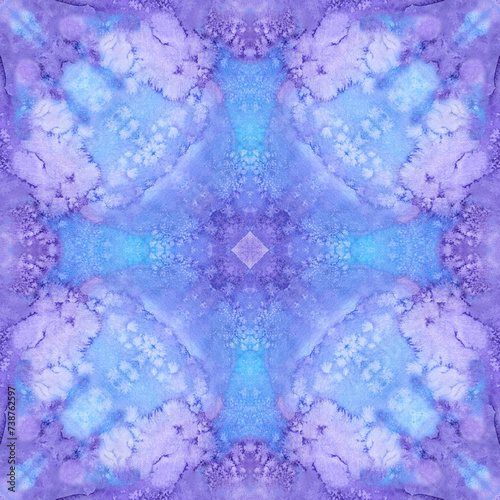 Blue and violet Mandala watercolor kaleidoscope pattern. Hand drawn abstract background. Decorative tile textile print element.