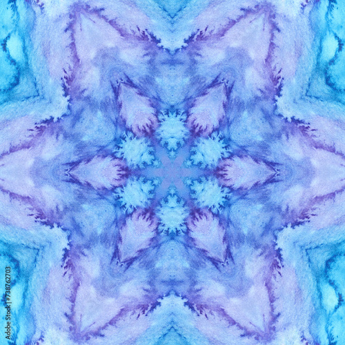 Blue and violet Mandala watercolor kaleidoscope pattern. Hand drawn abstract background. Decorative tile textile print element.