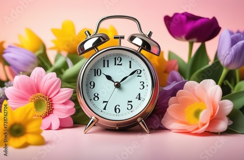 Spring alarm clock and flowers