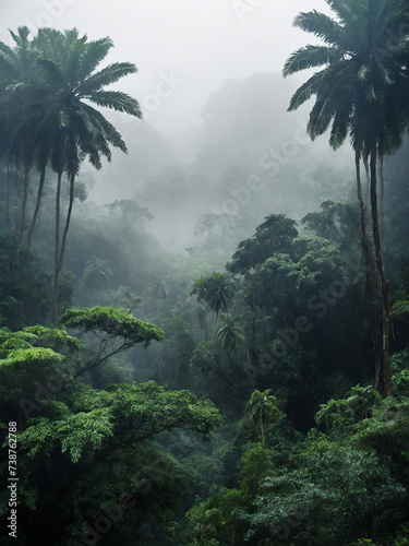The deep jungle forest enveloped in mist  creating a mysterious and atmospheric scene in the heart of nature