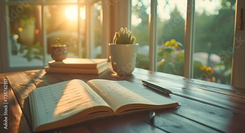 Notebook and pen on wooden table with morning light in coffee shop photo