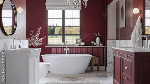 Luxurious bathroom with marble details and burgundy accents  interior design and home decor