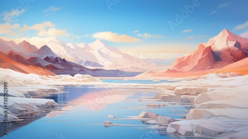 Beautiful mountain landscape with lake at sunset. 3d render illustration.
