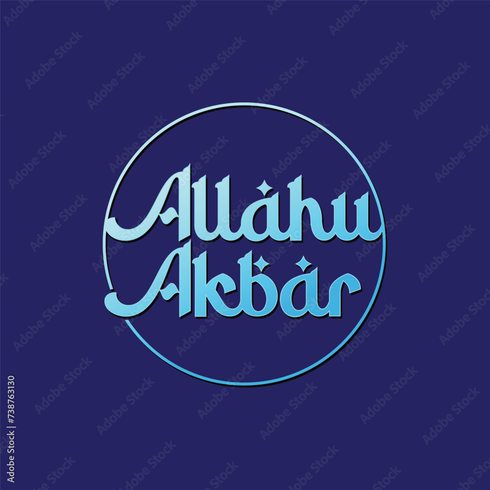 Fototapeta premium Allahu Akbar elegant typography design with Arabic style calligraphy design. Allah logo on blue color background. God name logo for celebrating Ramadan Kareem. Greeting card, banner, poster.