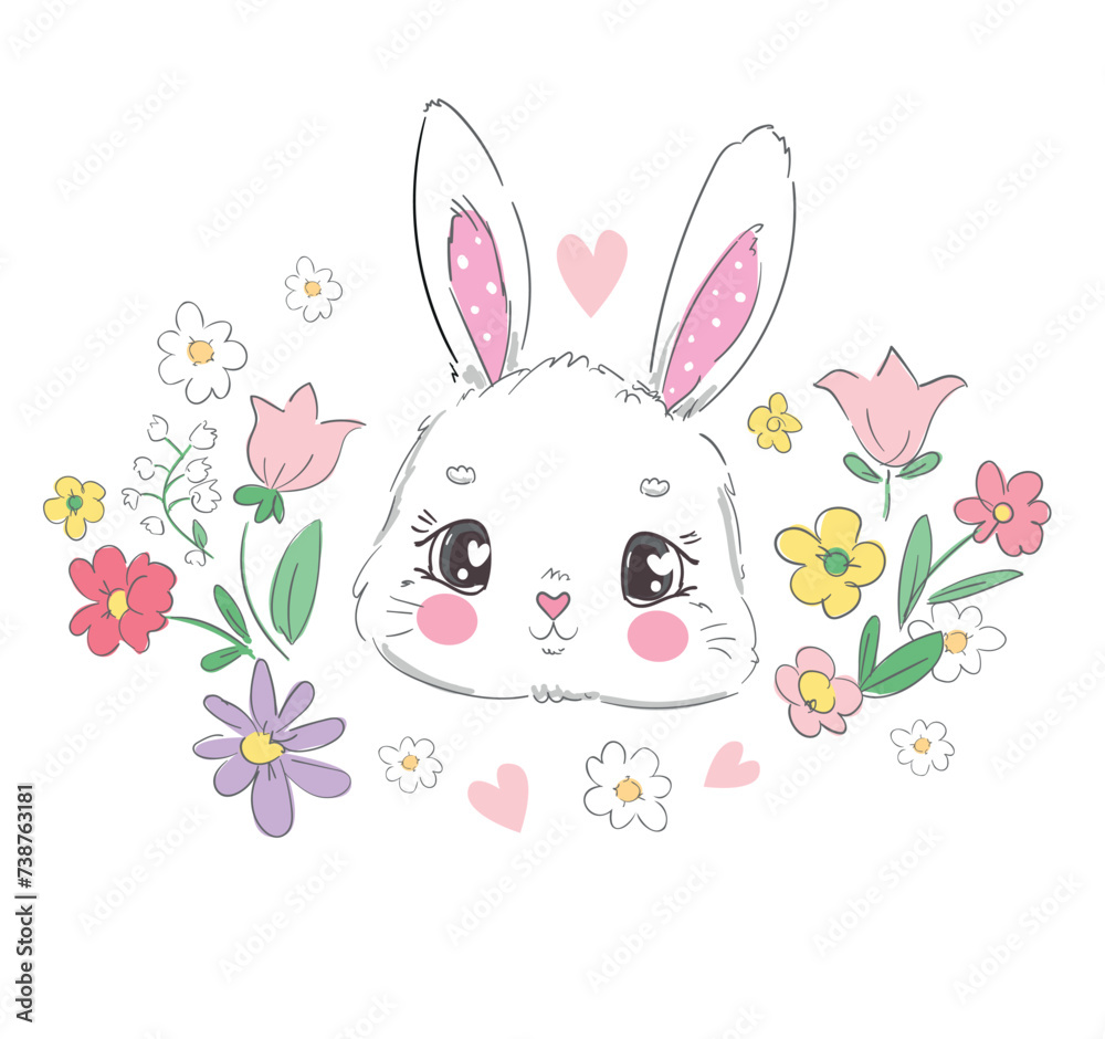 Vector Cute little Bunny and flowers hand drawn, kids print