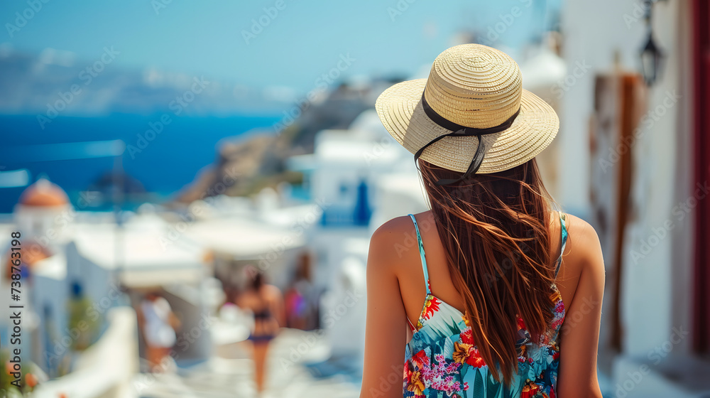 Beautiful tourist young woman walking in Mykonos island street on summer, Greece, tourism travel holiday vacations concept in Europe