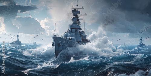Battle ships moving to the surface of the water in the ocean Fototapet