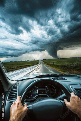 Storm chasing a tornado, driver's view from car through windshield, vertical