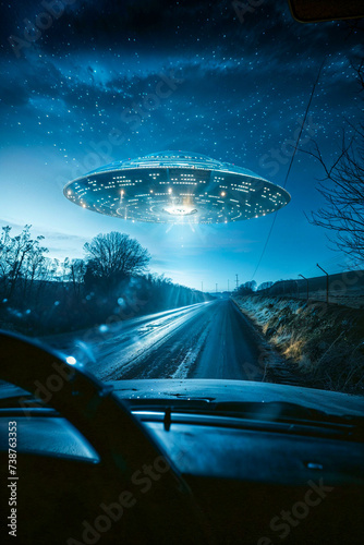 Driving towards a UFO spaceship on a dark country road at night, driver's view from car through windshield, POV, science fiction, vertical photo