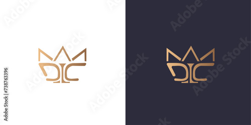 Letter D, L and C logo monogram with crown, minimal style identity initial logo mark. Golden gradient vector emblem logotype for business cards initials. Logo for singer and artists