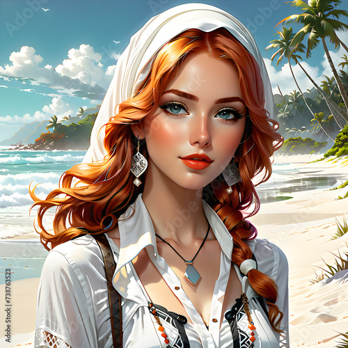 As an 18-year-old with milky-white skin and fiery red hair, I love to express my boho vintage style. Today, I'm wearing a classy beach shirt against the backdrop of a beautiful white beach setting. My
