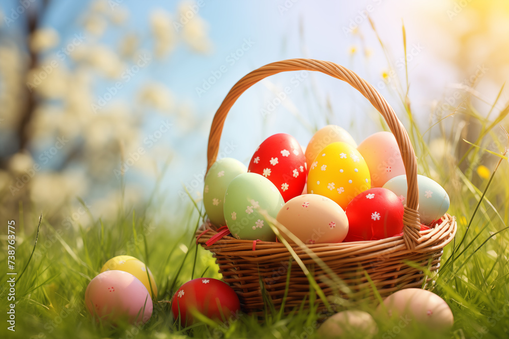 A basket of Easter eggs rests on a grassy field