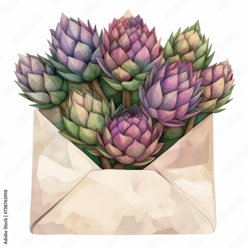 Fototapeta premium A bouquet of artichokes, spring purple flowers in a brown envelope, a greeting card.