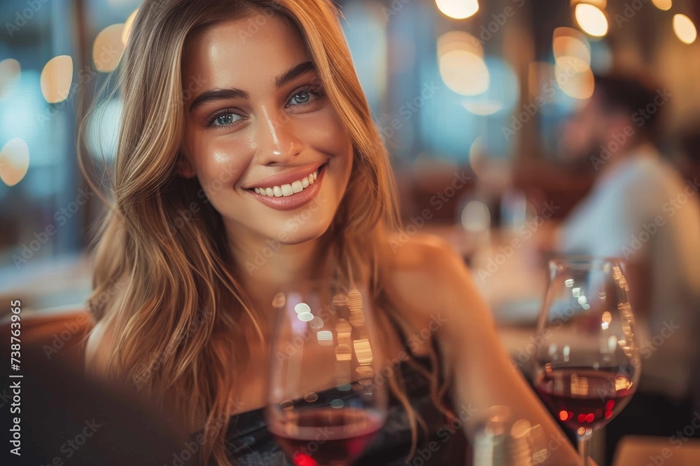 A stylish woman radiates joy as she holds a wine glass, ready to indulge in a night of wine tasting at an indoor bar A stylish woman radiates joy as she holds a wine glass, ready to indulge in a night of wine tasting at an indoor bar