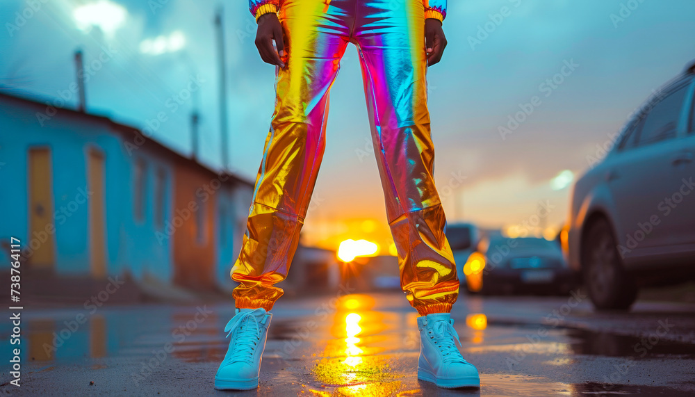 Iridescent Holographic Sportswear Tracksuit  Pants on Person Standing On Urban Street Pavement - obrazy, fototapety, plakaty 