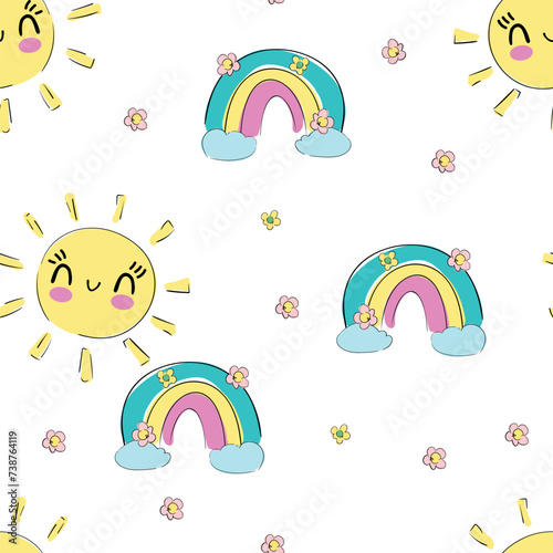 Hand drawn print Rainbow and Sun seamless pattern vector 