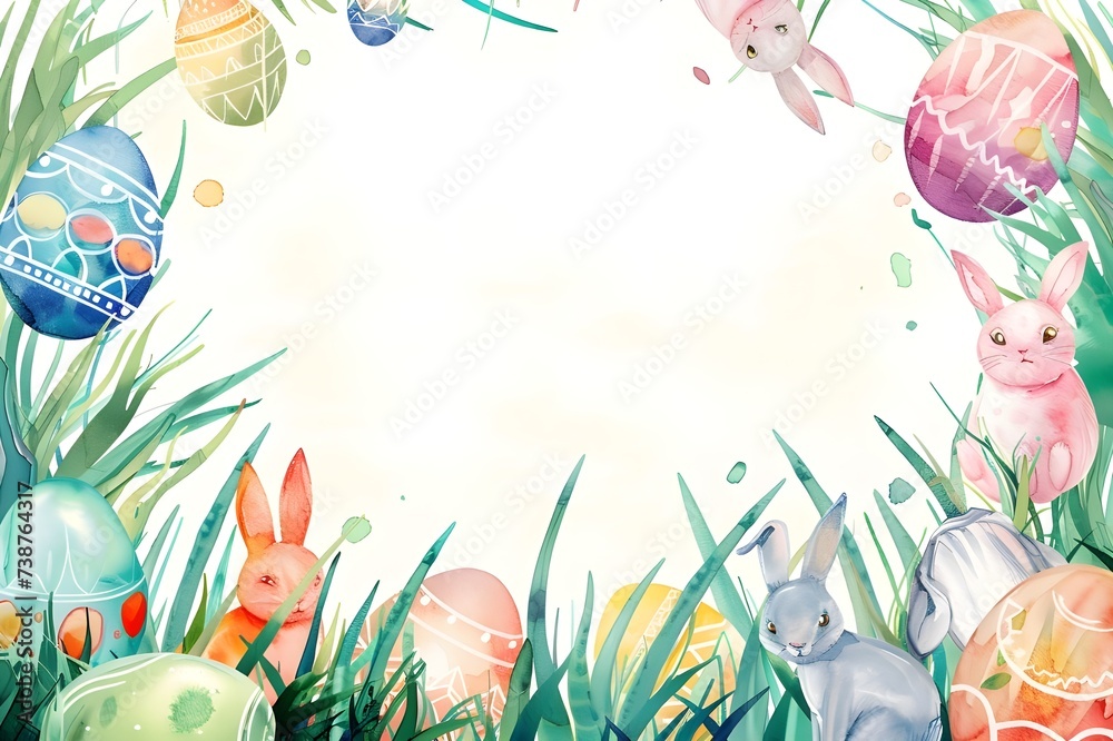 Easter colorful eggs and easter bunny on a watercolor background.