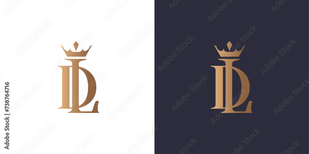 Letter D and L logo monogram with crown, minimal style identity initial logo mark. Golden gradient vector emblem logotype for business cards initials. Logo for singer and artists - obrazy, fototapety, plakaty 