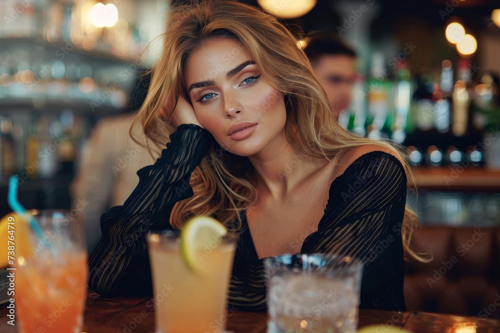 A stylish woman sips on a refreshing cocktail at an indoor bar, her human face radiating joy as she enjoys the mix of alcoholic and soft drink in her barware A stylish woman sips on a refreshing cocktail at an indoor bar, her human face radiating joy as she enjoys the mix of alcoholic and soft drink in her barware