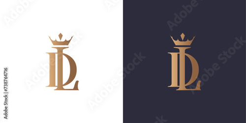 Letter D and L logo monogram with crown, minimal style identity initial logo mark. Golden gradient vector emblem logotype for business cards initials. Logo for singer and artists