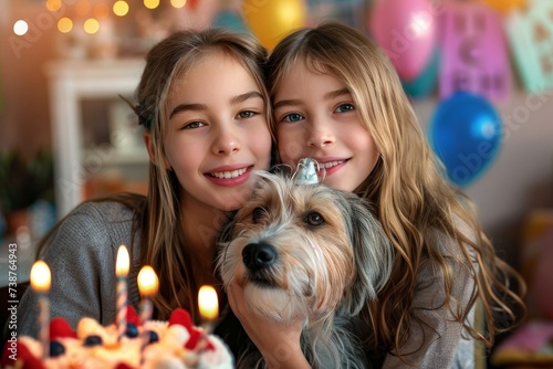 A joyful birthday celebration captured in a photo, as two girls strike a pose with a fluffy dog and a cake adorned with candles, their beaming smiles radiating warmth and love indoors