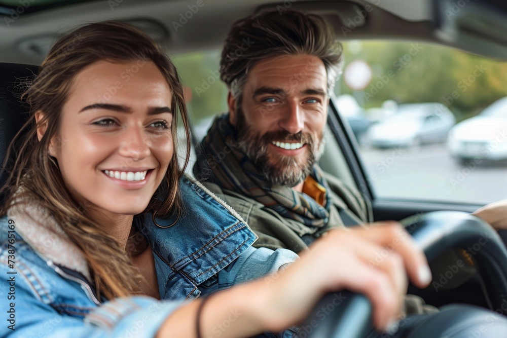A woman with a bright smile sits in the passenger seat of a sleek car, her human face radiating happiness as she takes in the scenic outdoor view while the person behind the wheel drives them towards A woman with a bright smile sits in the passenger seat of a sleek car, her human face radiating happiness as she takes in the scenic outdoor view while the person behind the wheel drives them towards